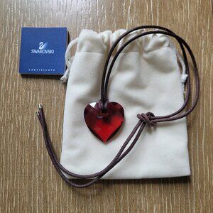 Swarovski Red Glass Heart Pendant and Brown Leather Chain Necklace
